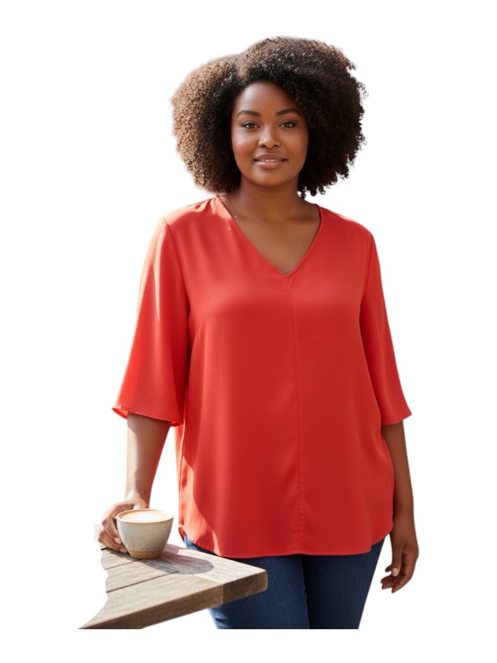 Chico's Top Size L (Chico's SZ 2) Relaxed V-Neck Blouse Bright Coral